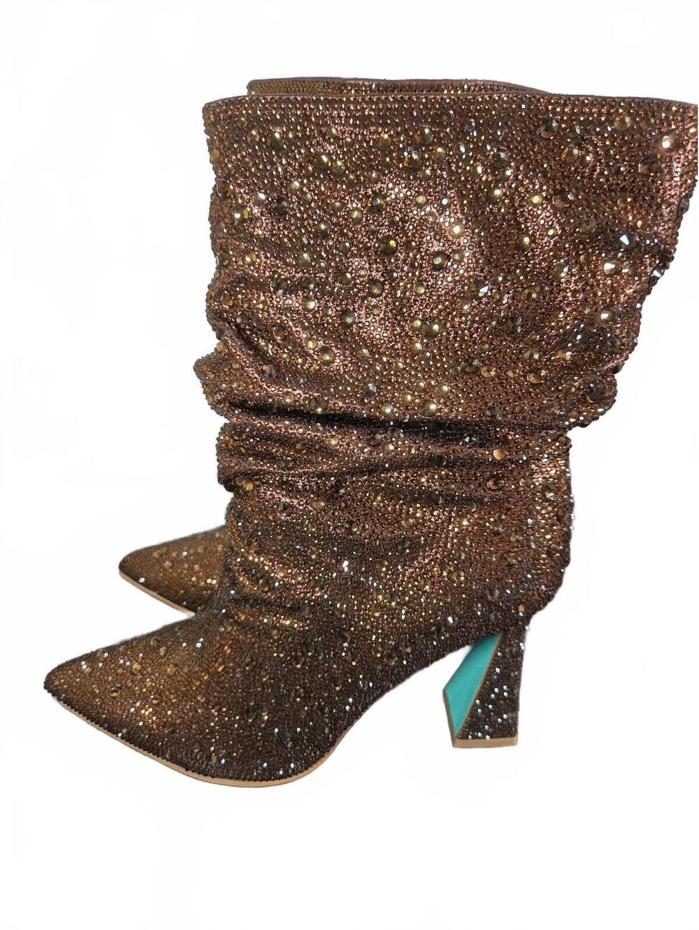 Betsey Johnson SB-MAC Bronze Rhinestone Slouch Boots Size 10M NWOB